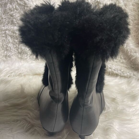 Ashro synthetic black mid calf boots  faux fur trim front zipper 3”heels SZ11W - Picture 5 of 16